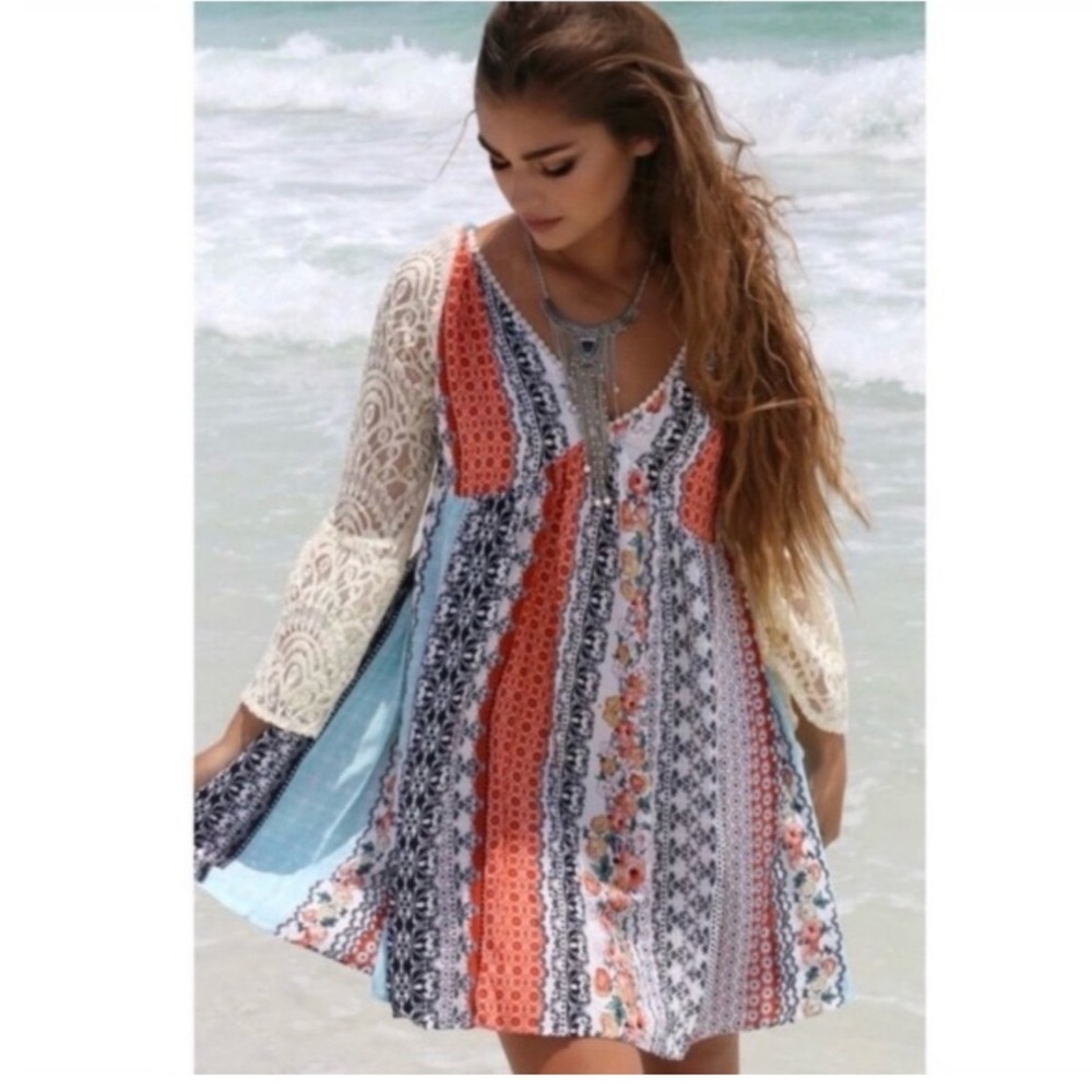 Kori America Boho Mixed Print Lace Bell Sleeve V Neck Mini Dress Multicolor S